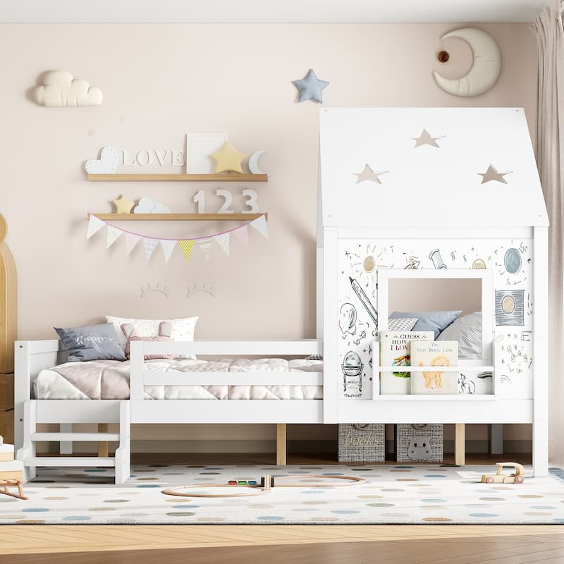 Low Profile Stairs Platform Bed Wood House Bed with Cute Star-shape Roof, Window, Bookcase and Blackboard for Boys and Girls