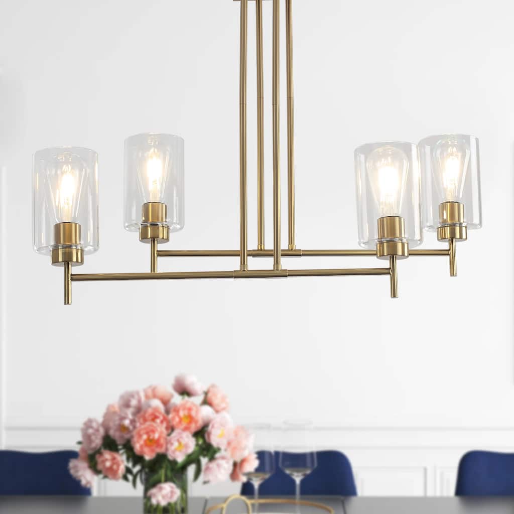 Modern Brass 5-Light Linear Island Light with Clear Glass Shades for Dining Room
