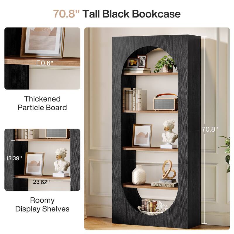 70.8" Tall Arched Bookcase, 5-shelf Modern Black Bookshelf (Set of 2) - 11.81" D x 31.5" W x 70.86" H