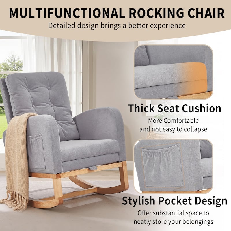 Javlergo Small Space Rocking Chair with Pull-Out Pedals Solid Wood Legs Glider Chair for Nursery with Two Side Storage Pockets