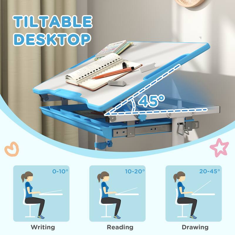 Height-Adjustable Kids Desk and Chair Set with Tilt Table and Drawer Pen Slots for Ages 6-12