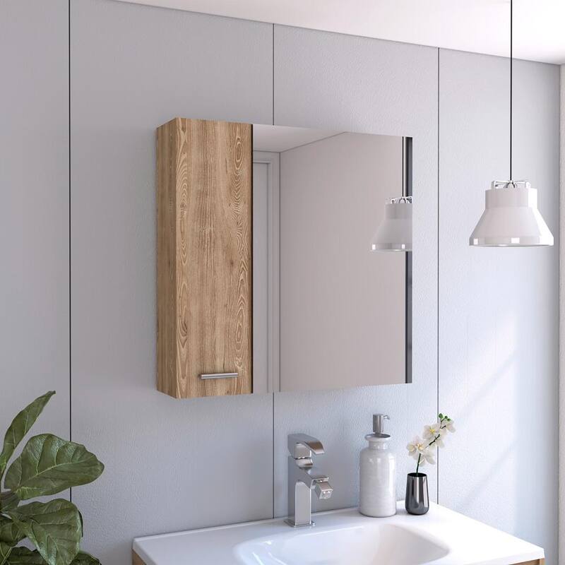 23.6" White Double Door Medicine Cabinet with 4 Interior Shelves, Ample Mirror for Bathroom or Vanity Storage - 23.6X5.8 in - Light Oak + Particle Board