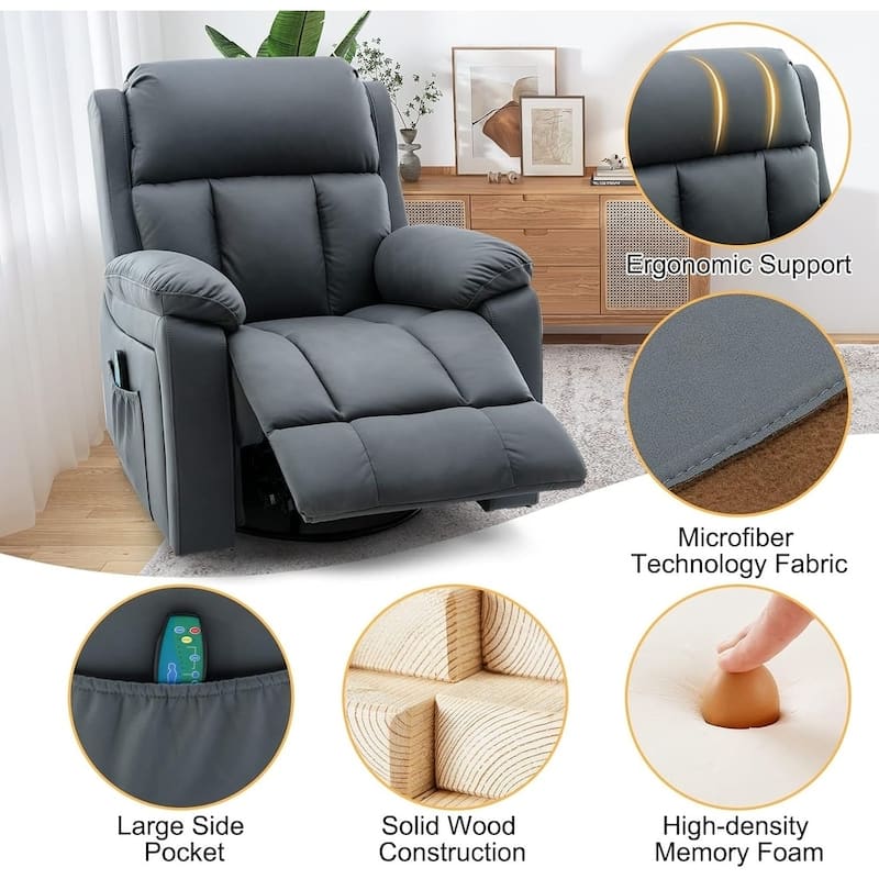 Heated 360° Swivel Massage Recliner Chair - Luxury PU Leather Reclining Sofa with Side Pocket for Living Room