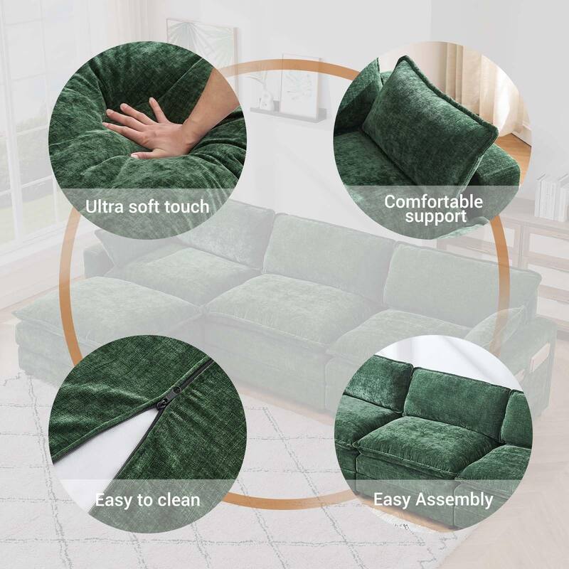 Chenille 113-Inch Modular Combo Sofa, Modern 3-Seater L-Shaped Sofa with Ottoman, 2 Cushions, Side Pockets