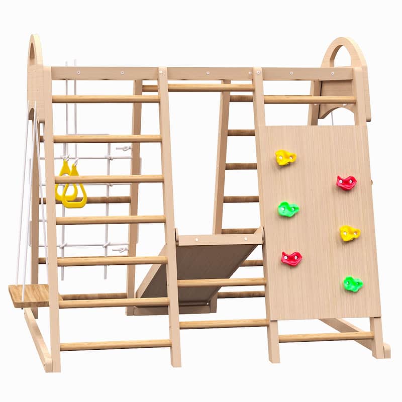 7-in-1 Indoor Jungle Gym Playset w/Slide, Climbing Wall, Rope Wall Climber, Monkey Bars, Swing