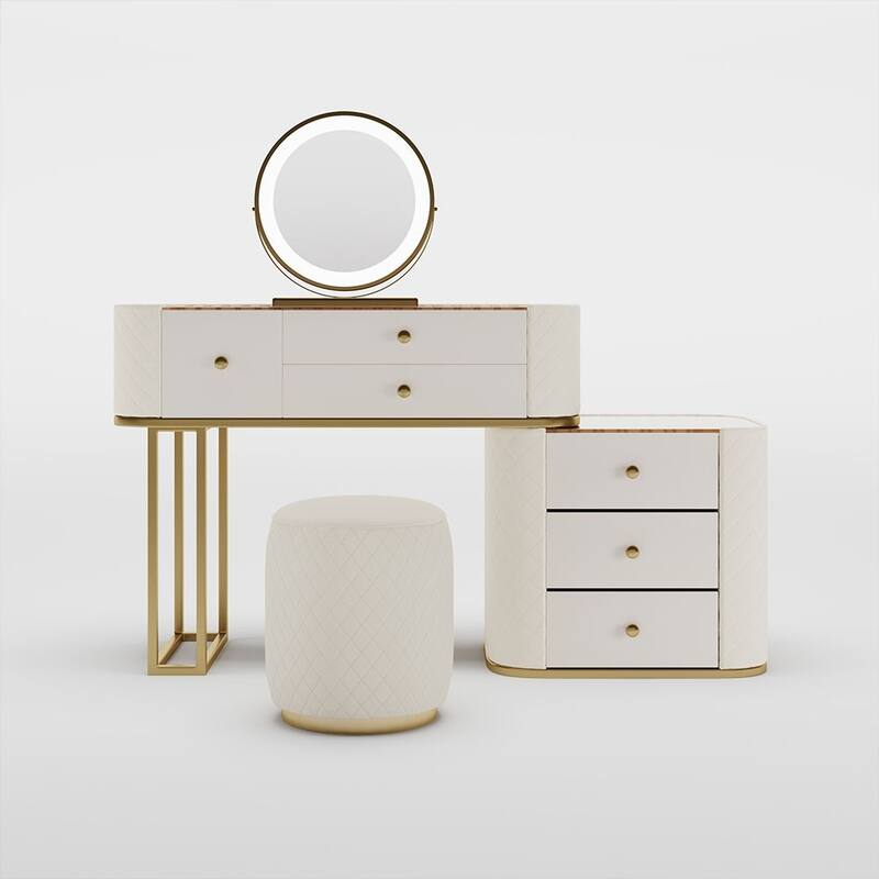 Modern Makeup Vanity Set with Mirror，Tempered Glass Tabletop, 6 Solid Wood Drawers with Leather, Gold-Plated, Stool, Beige