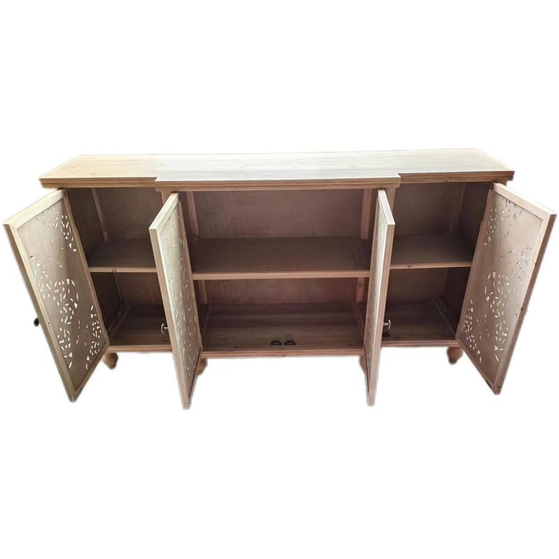 4-Door Hollow-Carved Accent Cabinet, Distressed Wood Storage Cabinet Cupboard with adjustable shelves,unique design,Natural wood
