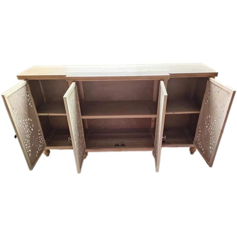 4-Door Hollow-Carved Accent Cabinet, Distressed Wood Storage Cabinet Cupboard with adjustable shelves,unique design