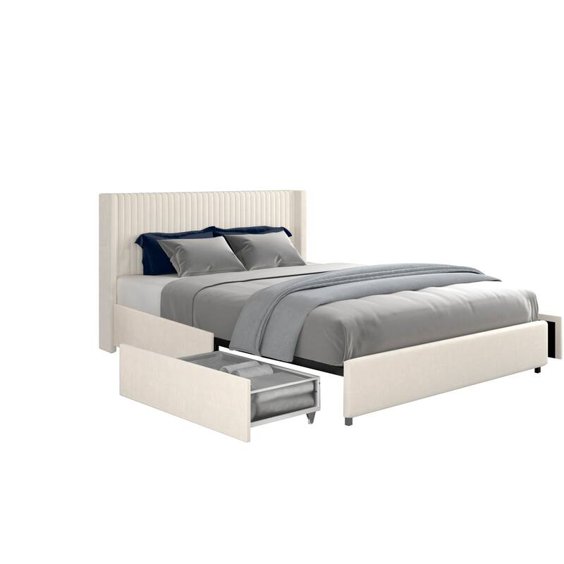 Queen Size Velvet Upholstered Storage Bed with 2 Built-in Drawers and Modern Headboard