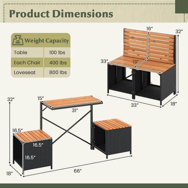Black Rattan Acacia Wood Convertible Picnic Bench Table Set with Storage - 66" × 18" × 32"