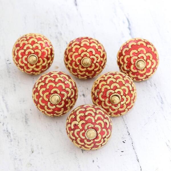 Novica Handmade Golden Arcs Mango Wood Knobs (Set Of 6) 3" H x 1.8" D
