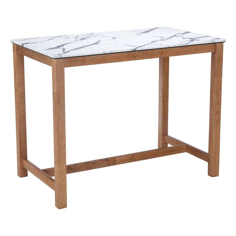HomeRoots 48" White and Natural Faux Marble and Solid Wood Rectangular Bar Table - 48.00 in. x 36.20 in. x 28.00 in.