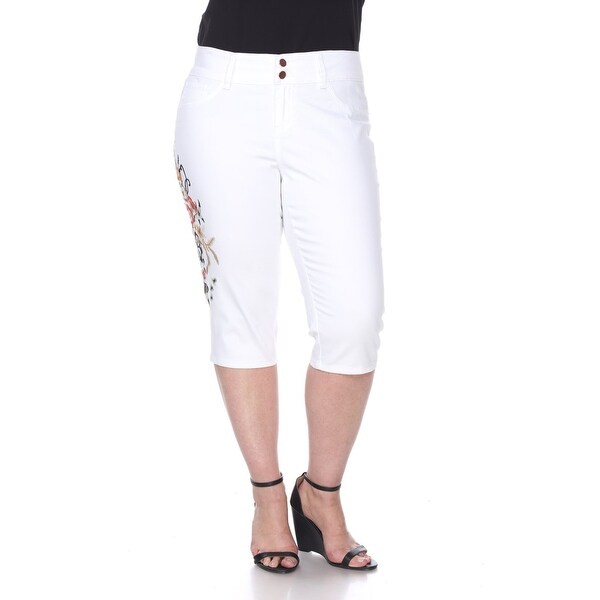 Plus Size Super Stretch Capri Embroidered Denim Jeans - White