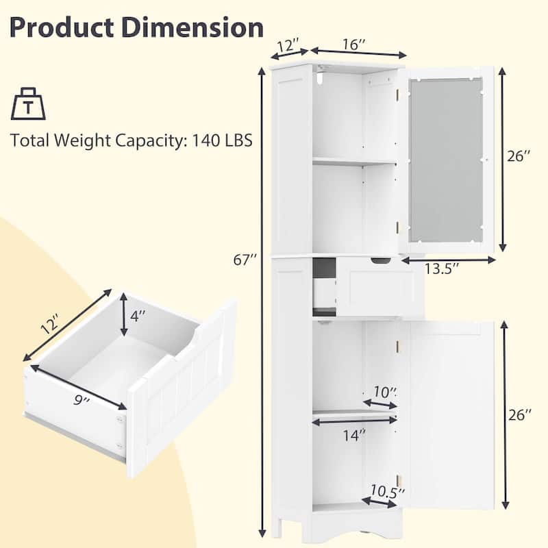 Costway Bathroom Tall Cabinet Freestanding Linen Tower with Doors & - See Details