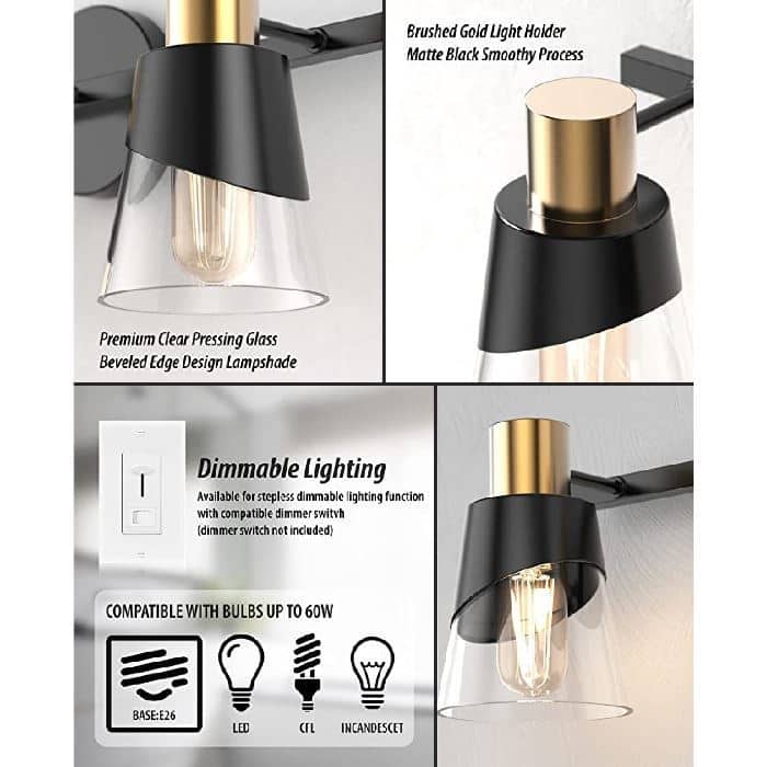 3 Lights brass bathroom light fixtures Gold wall mirror with lights Metal brass vanity light