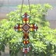 preview thumbnail 4 of 13, 13" x 8" Victorian Design Cross Stained Glass Panel/ Suncatcher