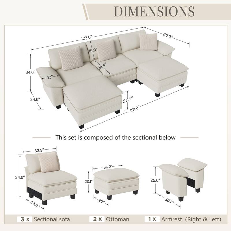 MAISON ARTS Modular Cloud Sectional Sofa, Comfy L- or U-Shaped Couch with Ottomans & Pillows, 4–6 Seat Living Room Sofa