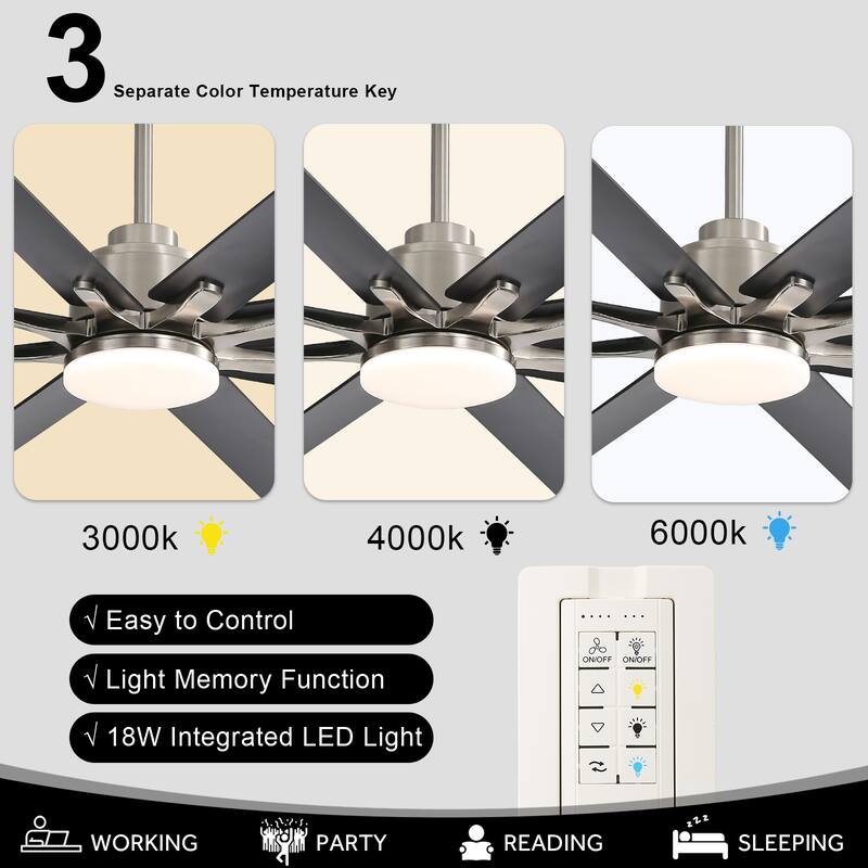 52/66/72/84 Inch Smart Ceiling Fan with Light ,Wall Switch, APP Control,Dimmable LED,8 Blades