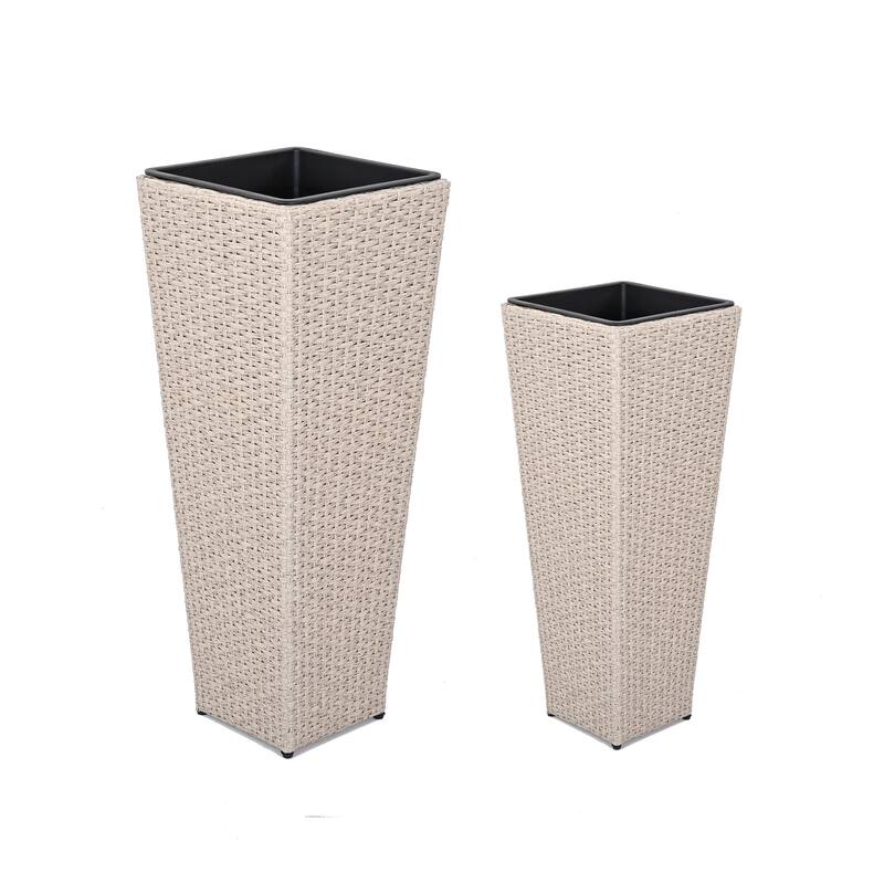 Outdoor Wicker Flower Pots 2-Pcs Set, Square Planter Box