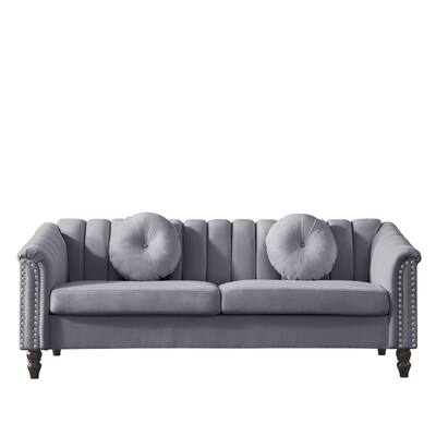 Modern Velvet Sofa Couch, 3 Seat Couch Upholstered Tufted Back with Nail Arms and 2 Pillows for Small Spaces Living Room