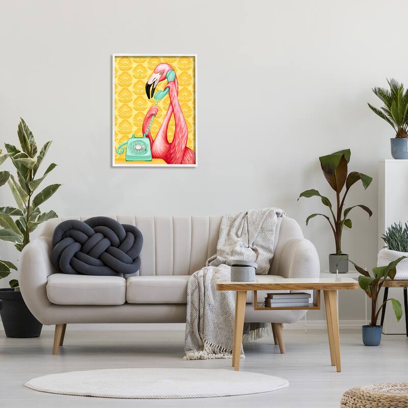 Stupell Flamingo Calling Dial Telephone Groovy Flowers Wallpaper Framed Wall Art, Design by Amelie Legault - Yellow