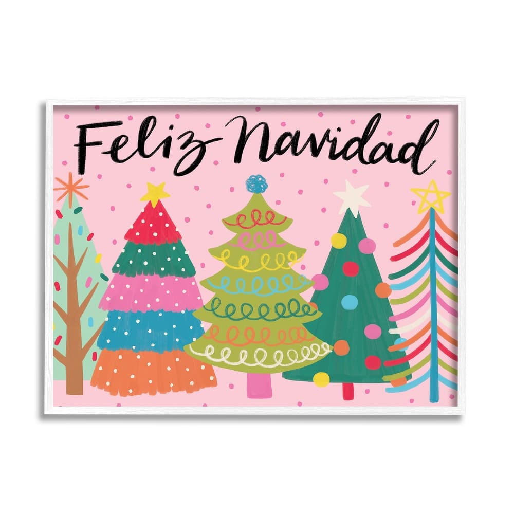 Stupell Feliz Navidad Whimsical Patterned Christmas Trees Ornaments Framed Wall Art - Multi-Color