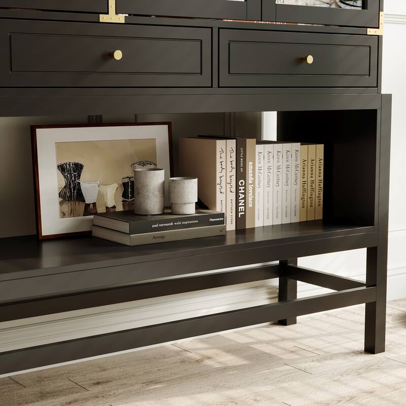 Bookshelves Black Display Cabinet with Glass Doors, Wood Grain Back, Metal Corner Accents - 66.1"x74.8"