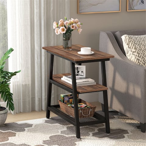 End Table, Side Table with 3-Tier Storage Shelf,