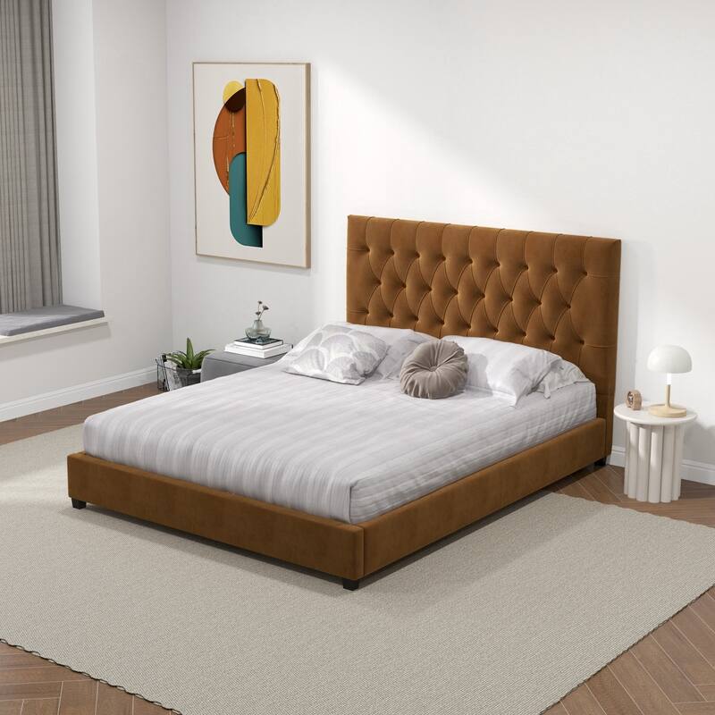 Donald Mid Century Modern Cognac Velvet Platform Bed
