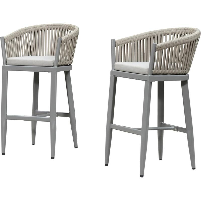 PURPLE LEAF Outdoor Bar Stools Set of 2 Patio Metal Modern Wicker Bar Chairs Woven Aluminum Barstools - Bar Height Light Grey