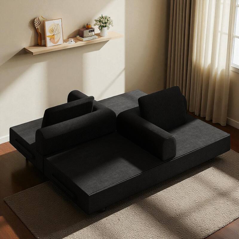 Convertible Corduroy Sleeper Sofa Bed, 3-Seat Folding Floor Couch with Cylindrical Pillow & Fixed-Shape Frame