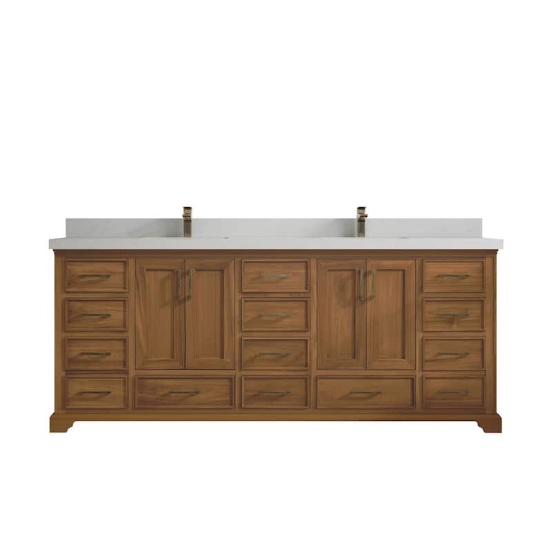 Willow Collections 84 in. W x 22 in. D Charlotte Teak Double Sink Bathroom Solid Teak Vanity with Countertop - 2" Carrara Quartz - Dark Natural