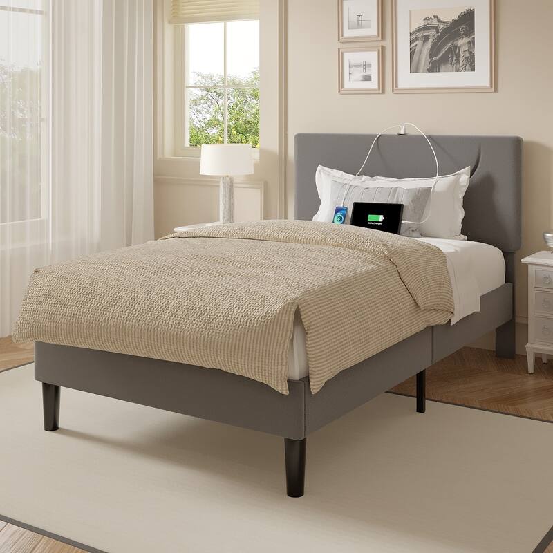 VECELO Platform Twin Bed Frame with Charging Stations and LED Lights,Kids Bed Set of 2, Strong Wooden Slats Support