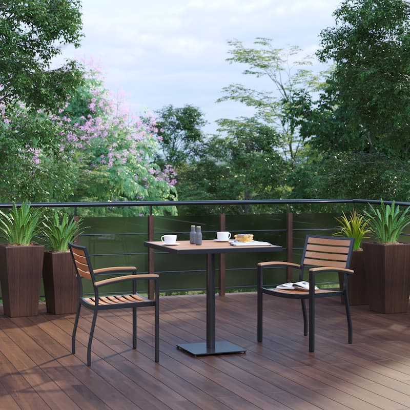 2 Faux Teak Accented Club Chairs and 30" Square Faux Teak Patio Table Set - Teak