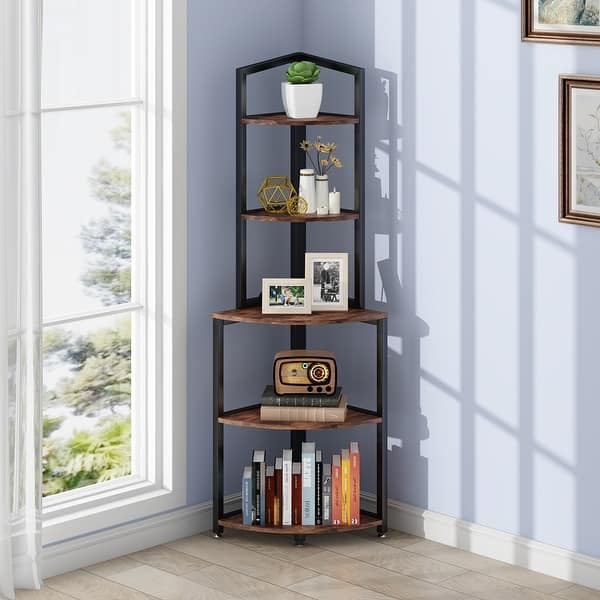 5-Tier Corner Shelf, 60 inch Bookcase for Living Room, Industrial Corner Storage Rack Plant Stand for Home Office - Black/Brown