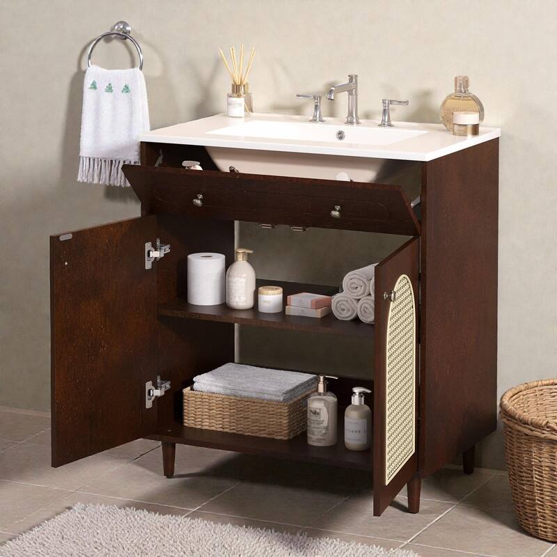 30" Bathroom Vanity with Ceramic Sink, Solid Wood Cabinet, Adjustable Shelf, Tip-Drawer & Rattan Panels
