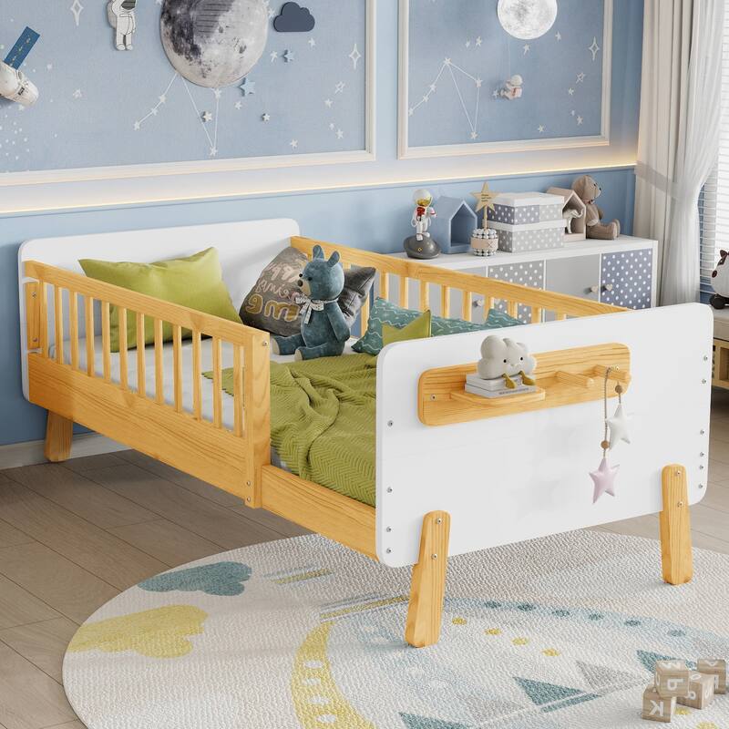 Kids Wood Platform Bed with Guardrails, Bottle Holder and 2 Hanging Rod, Convertible Toddler Daybed, Low Profile Design Frame