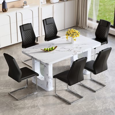 7-Piece Dining Table Set with Marble Pattern, PU Leather Grid Chairs with Silver Arched Metal Legs, Anti-Slip Feet