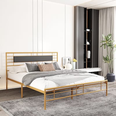 NNV Full Size Platform Metal Bed Frame with Leather Upholstered Headboard