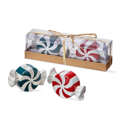 Peppermint Twist Salt and Pepper Shakers Set of 2 - Christmas Multicolor Ceramic Hand Wash Only 2.48" H x 3.66" L