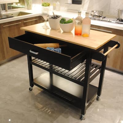 Mobile Kitchen Island with Two Lockable Wheels, Rubber Wood Top
