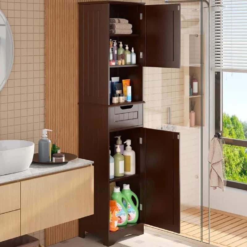 67'' Tall Bathroom Narrow Linen Cabinet, 5 Tiers Solid Wood Freestanding Storage Cabinet - Brown