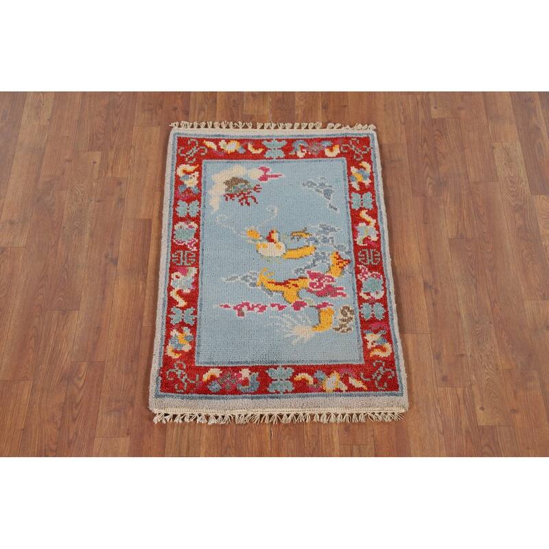 Hand Knotted Oriental 100% Wool Carpet Traditional Bordered Navy Blue & Blues Art Deco Area Rug - 3' 0'' X 2' 0''
