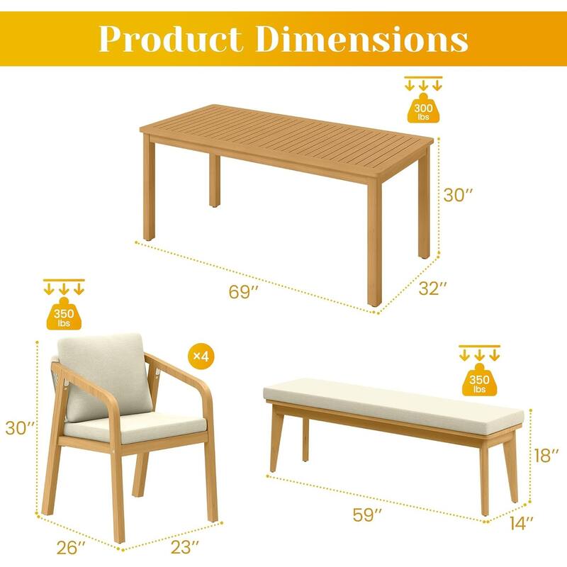6 Pieces Acacia Patio Dining Set with Dining Table, Chairs, and Bench - N/A