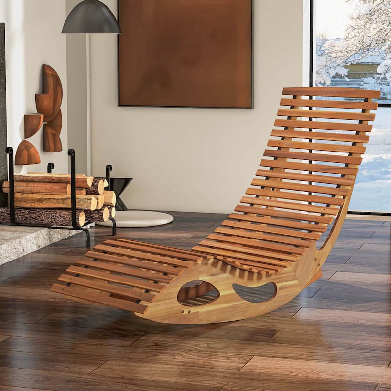 Costway Outdoor Chaise Lounge with High Back Slatted Seat Stopper - See Details - Natural