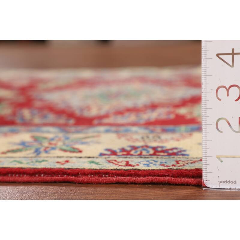 Red Geometric Kazak Foyer Rug Hand-Knotted Oriental Wool Carpet - 3'5" x 5'2"