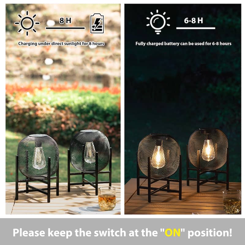 Glitzhome 11.5"H Set of 2 Mesh Edison Bulb Outdoor Solar Lantern with Stand