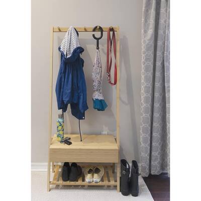 5-Hook Freestanding Bamboo Clothing Rack Hanging RodS With 2 Shelf and Drawer - 32.2 x 15.95 x 6.25 inches
