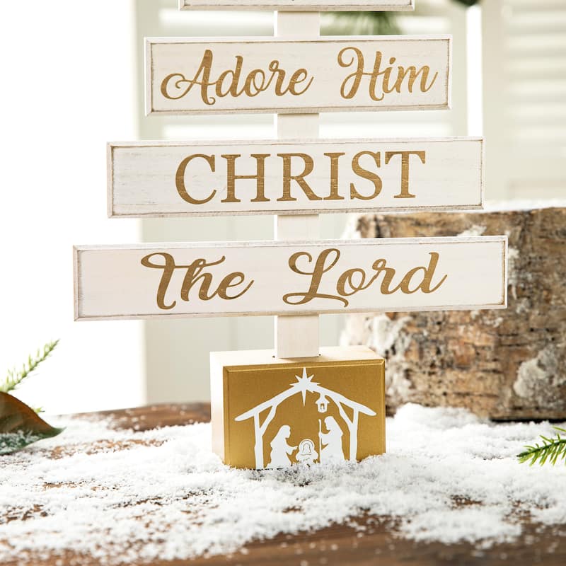 Glitzhome Christmas Tree Shaped Wooden Nativity Sign Table Decor for Holiday Party