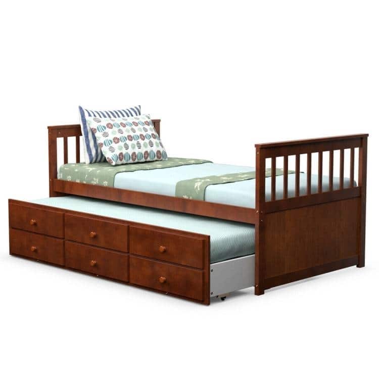 Pine Wood Twin Captain Bed with Trundle and 3 Storage Drawers
